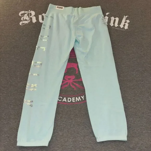 NWT Victoria’s Secret PINK Baby Blue Iridescent Sequin Bling Capri Pants- SM - Picture 3 of 12